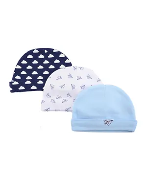 Hudson Childrenswear 3 Pack Cotton Clouds & Paper Planes Printed Caps - Blue & White