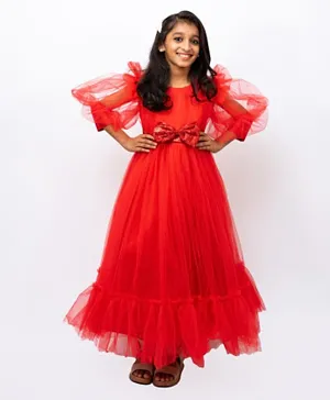 DDANIELA Bow Detailed Princess Frilled Maxi Dress - Red