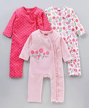 Babyhug 100% Cotton Full Sleeves Rompers Floral Print Pack of 3 - Pink White