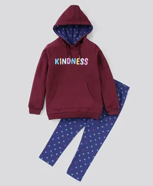 Pine Kids Full Sleeves Bio Washed Hooded Sweatshirt & Leggings Kindness Embroidery - Dark Red Navy Blue