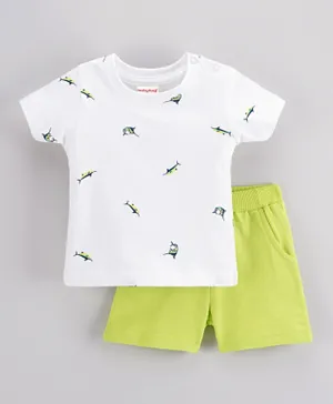 Babyhug Half Sleeves Striped Tee & Shorts Shark Print - White Green