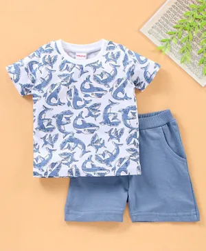 Babyhug Half Sleeves Tee & Shorts Set Shark Print - Blue