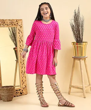 Earthy Touch Bio Wash Knit Ethnic Dress - Pink