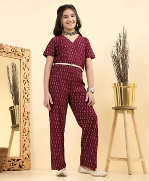 Earthy Touch Half Sleeves Printed Bio Wash Knit Ethnic Jumpsuit - Wine