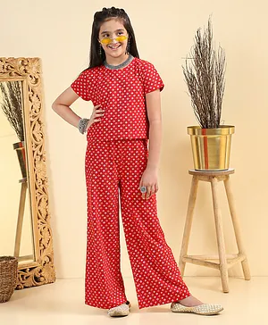 Earthy Touch Half Sleeve Printed Bio Wash Knit Ethnic Top and Palazzo - Red