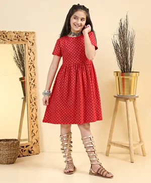 EarthyTouch Half Sleeves Bio Wash Knit Ethnic Dress Floral Print - Red