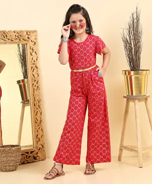 Earthy Touch Half Sleeves Printed Bio Wash Knit Ethnic Jumpsuit - Red