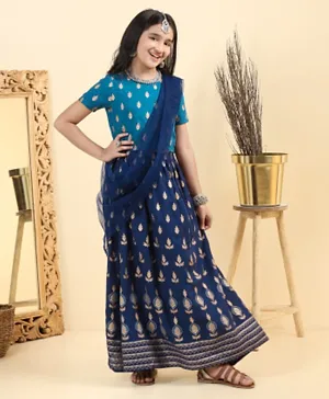 Earthy Touch Half Sleeves Printed & Embroidered Choli with Lehenga &  Dupatta - Navy