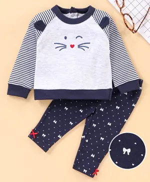 ToffyHouse Full Sleeves Top and Lounge Pants Set Animal Face Design with Ear Applique - Grey Navy