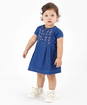 Bonfino Cap Sleeves Denim Frock with Floral Embroidery - Blue