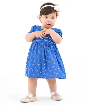 Bonfino Half Sleeves Frock with Floral Print & Bow Applique - Blue
