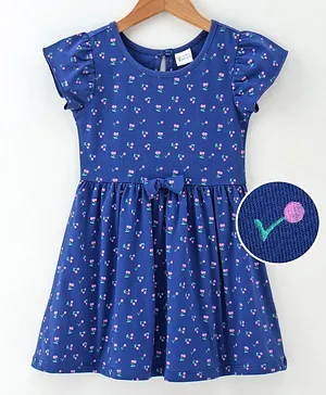 Hola Bonita Short Sleeves Printed Frock Bow Applique - Navy Blue