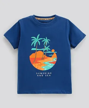 Pine Kids Half Sleeves Biowashed T-Shirt Palm Trees & Text Print - Blue