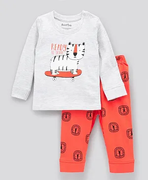 Bonfino Full Sleeves Night Suit Tiger Print - Grey Red