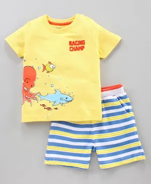 Babyoye Cotton Half Sleeves Tee & Shorts Aquatic Print - Yellow
