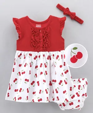 Babyhug 100% Cotton Short Flutter Sleeves Frock with Bloomer and Hairband Cherry Print - Red