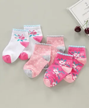 Cute Walk by Babyhug Cotton Blend Ankle Length Anti Bacterial Socks Floral Design Pack of 3 - Pink White