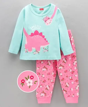 Babyhug Full Sleeves Pyjama Set Dino Print - Blue Pink