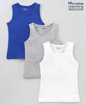 Honeyhap 100% Cotton Sleeveless Vest with Silvadur Antimicrobial Finish Pack of 3 - Grey White Blue