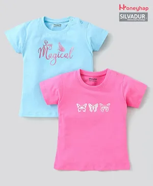 Honeyhap 100% Cotton Short Sleeves Tops With Silvadur Anti Microbial Finish Pack of 2 - Pink Blue