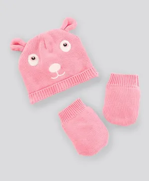 Bonfino Cotton Cap and Mittens Set Embroidered - Pink