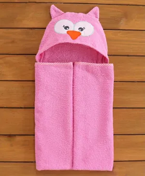 Babyhug Woven Terry Hooded Towel Owl Print - Pink