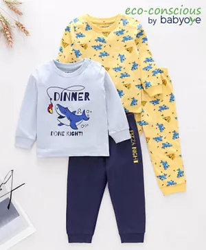 Babyoye 100% Cotton Full Sleeves Night Suits Pack of 2 - Light & Navy Blue & Yellow