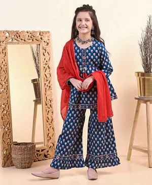 Earthy Touch Full Sleeves Kurta Sharara with Dupatta Set n Lining Floral Print  - Blue
