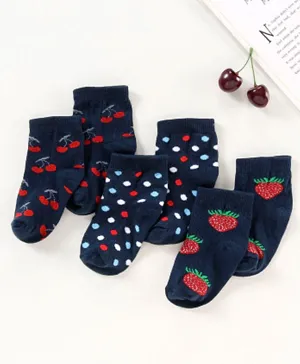 Cute Walk by Babyhug Cotton Blend Ankle Length Anti Bacterial Socks Fruit Design Pack of 3 - Navy Blue