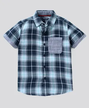Pine Kids Half Sleeves Biowashed & Checked Shirt with Patch Pocket - Blue