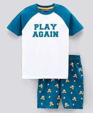 Pine Kids Biowashed Half Sleeves Night Suit Text Print - White Blue