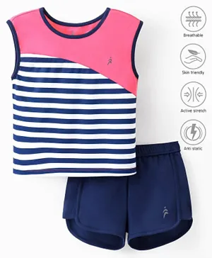 Pine Active Stretchable Sleeveless T-Shirt and Shorts Set Striped - Pink Blue