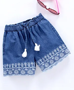 Babyhug Mid Thigh Embroidery Denim Washed Shorts - Blue