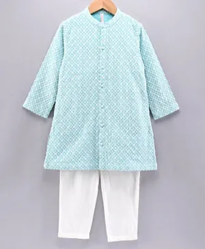 Babyhug Full Sleeves Kurta Pyjama Set All Over Embroidered - Blue