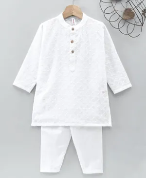 Babyhug Full Sleeves Lucknowi Embroidered Kurta Pyjama Set - White