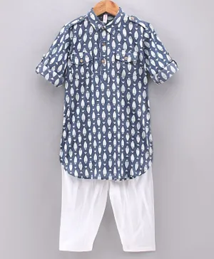 Babyhug Full Sleeves Kurta Pyjama Set All Over Printed - Blue