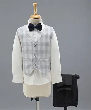 Babyhug Full Sleeves Checks Party Wear Suit with Waistcoat & Bow - Grey Dark Brown