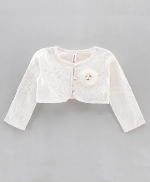 Babyhug Full Sleeves Party Wear Shrug with Corsage Solid - White