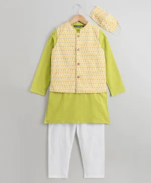 Pine Kids Full Sleeves Kurta Pyjama Set with Geometric Printed Nehru Jacket & Mask - Green
