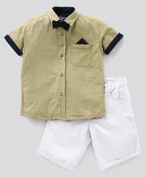 Pine Kids Half Sleeve Solid Shirt with Bow and Shorts Set Softener Wash - Olive White