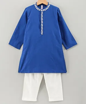 Babyhug Full Sleeves Kurta Pyjama Set with Embroidered Neckline - Navy White