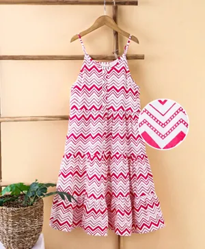 EARTHY TOUCH Sleeveless Tiered Ethnic Dress Chevron Print - Pink