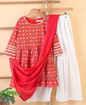Earthy Touch 3/4th Sleeves Kurti & Palazzo Set with Lining Printed - Red