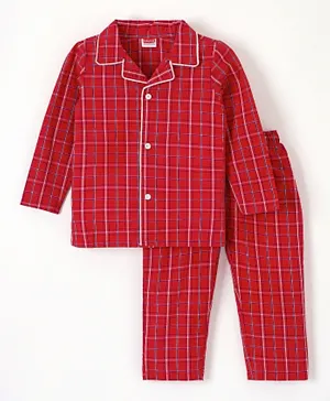 Babyhug Full Sleeves Woven Checked Shirt & Pajama Set - Red