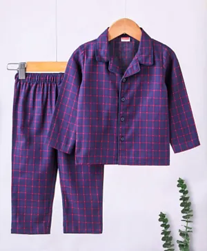 Babyhug Full Sleeves Woven Checked Shirt & Pyjama Set - Navy