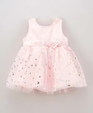Babyhug Party Wear Sleeveless Printed Frock Flower Applique - Light Pink