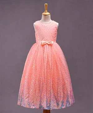Babyhug Sleeveless Party Wear All Over Sequins Frock with Bow - Peach