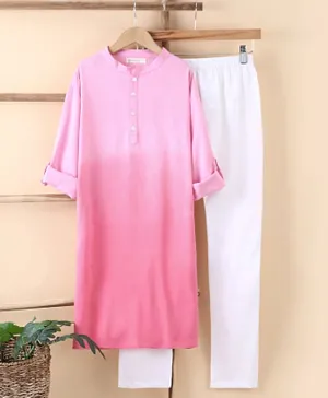 EarthyTouch Full Sleeves Ombre Dyed Embroidered Kurta & Churidar Set - Pink