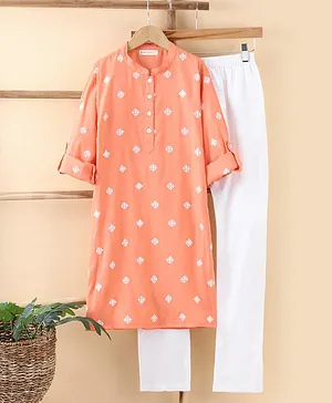 EarthyTouch Full Sleeves Embroidered Kurta & Churidar Set - Orange