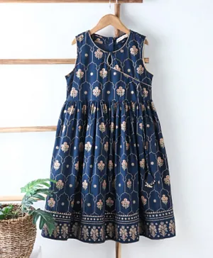 Earthy Touch Sleeveless Ethnic Dress with Floral Print - Navy Blue